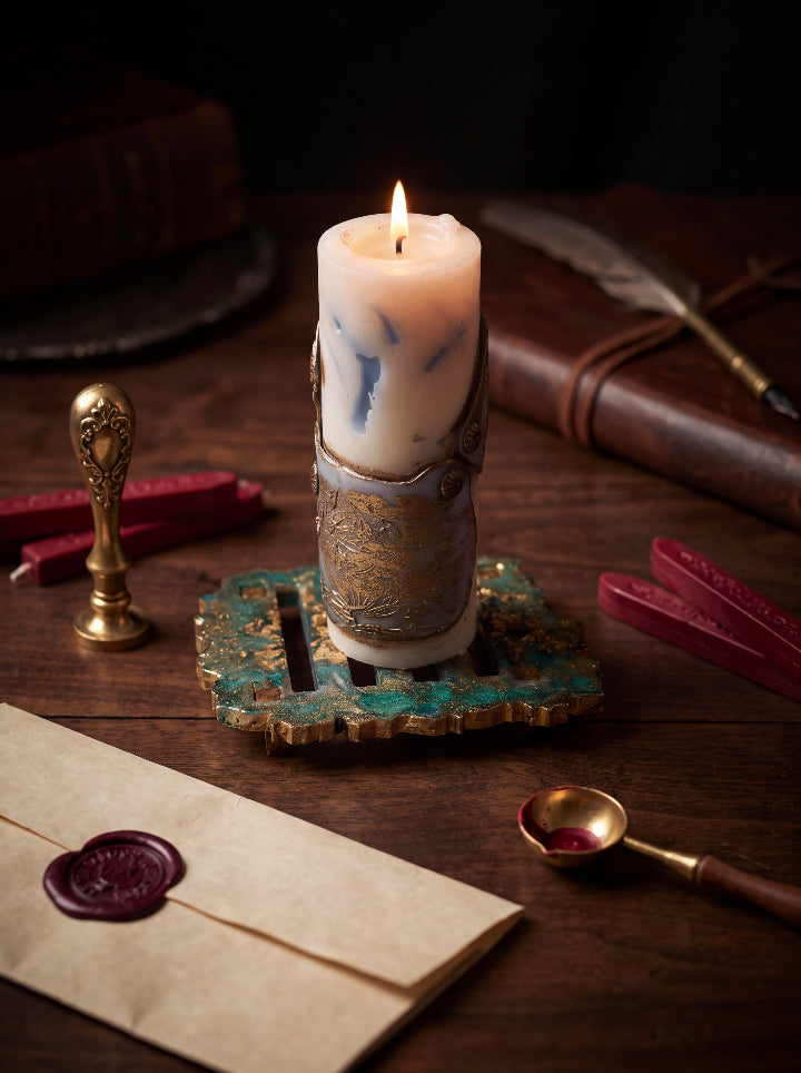 Lit Break the Seal beeswax candle with bronze detailing on a green and gold resin stand, beside a sealed envelope and wax sealing tools.