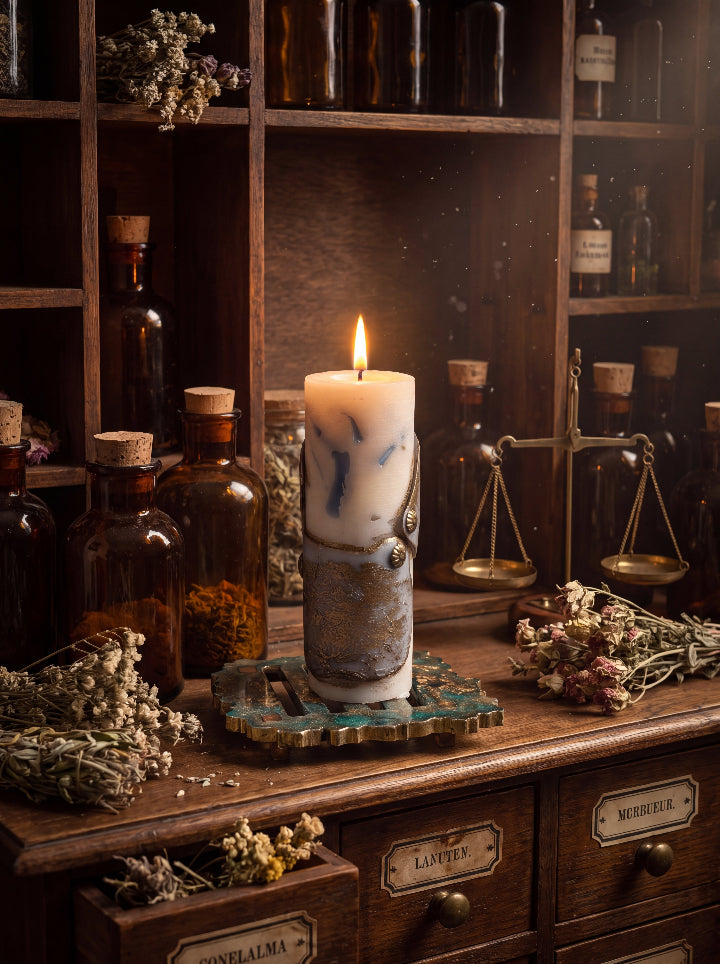 Lit Break the Seal beeswax candle on a resin stand in an apothecary setting with amber bottles, dried herbs and brass scales.