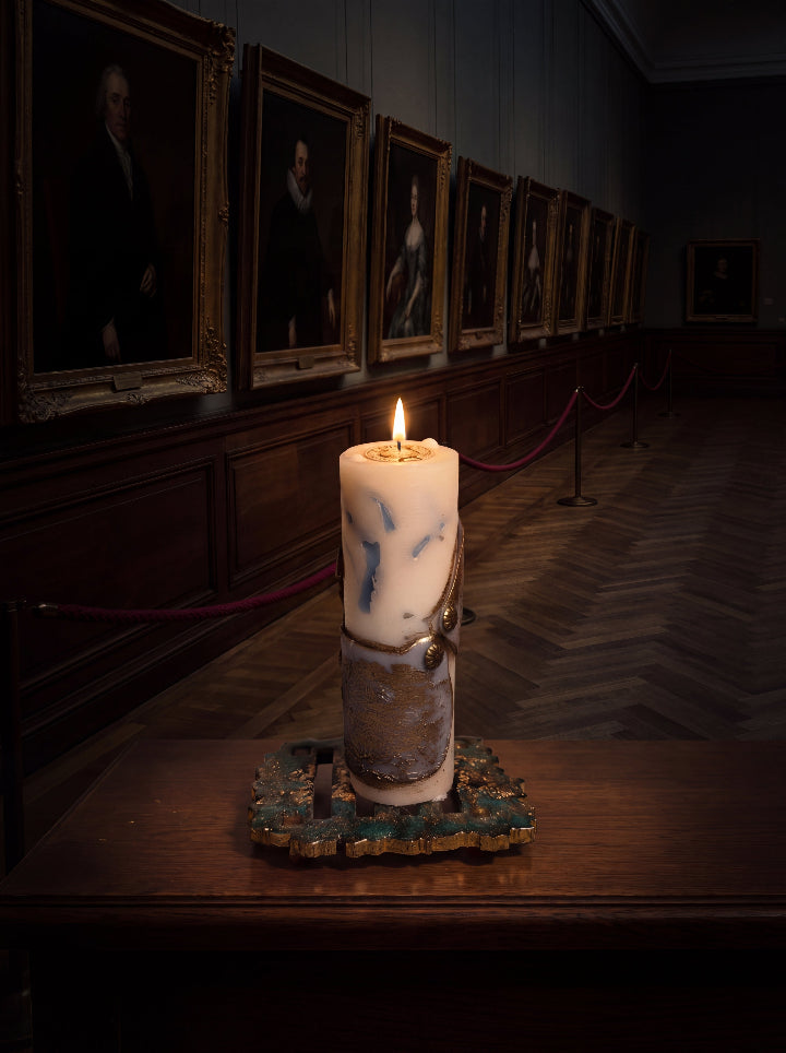 Lit Break the Seal candle with bronze detailing on a green and gold resin stand, displayed in a dim portrait gallery.