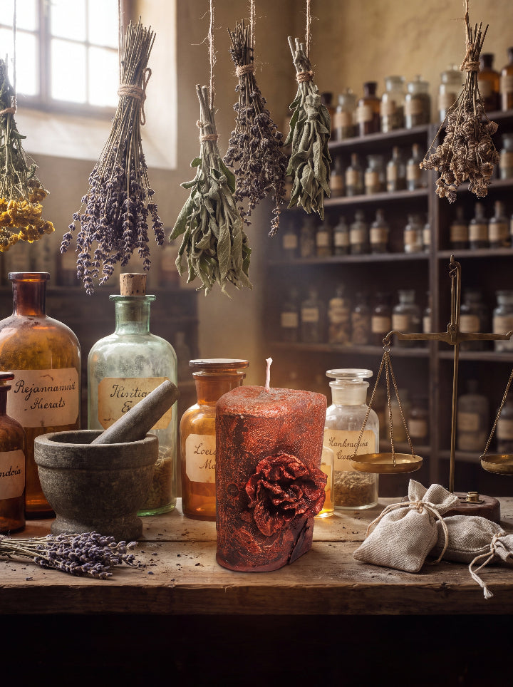 Corrosion bronze beeswax candle among glass bottles, dried herbs and an antique balance scale
