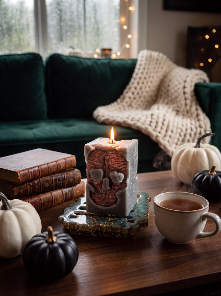 Lit Inner Demon skull candle on a resin stand on a coffee table with books, a cup and decorative pumpkins beside a green sofa.