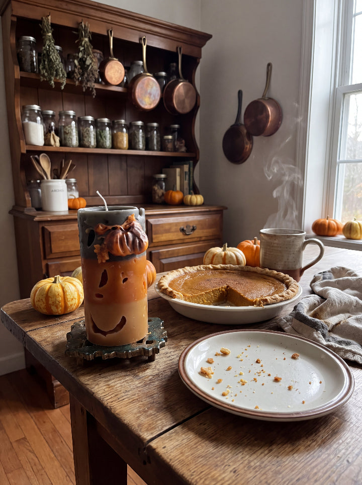 Witch’s Harvest pumpkin-toned candle on a rustic kitchen table beside a pie and small pumpkins.