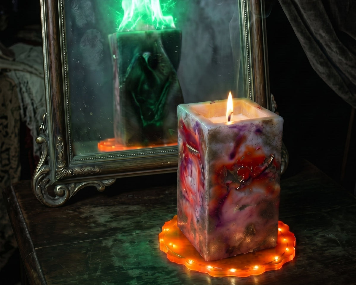 Bougie décorative avec un miroir reflétant une lumière verte dans un cadre sombre